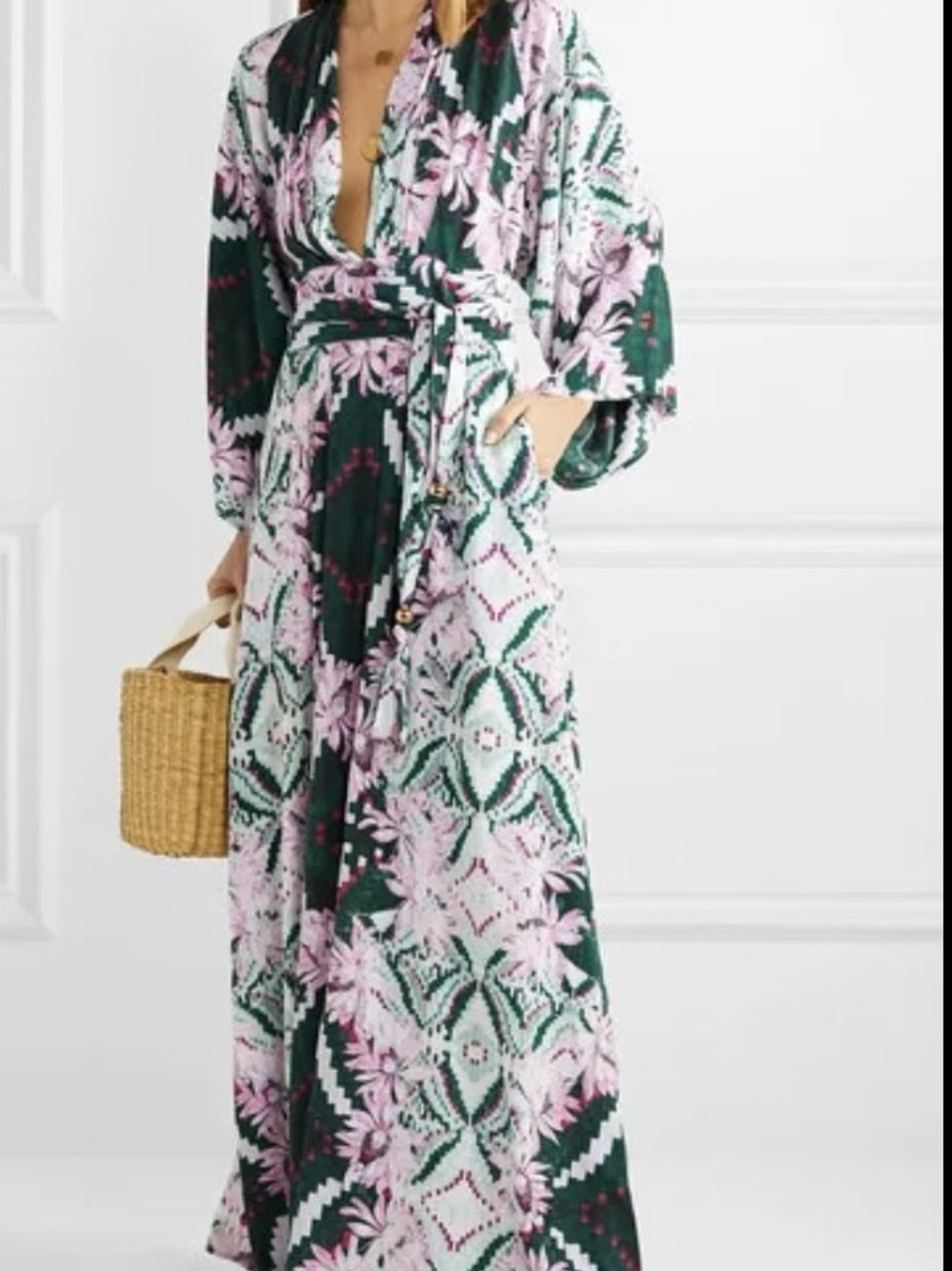 Melissa Odabash Green and Pink Floral Wrap Maxi Dress caftan